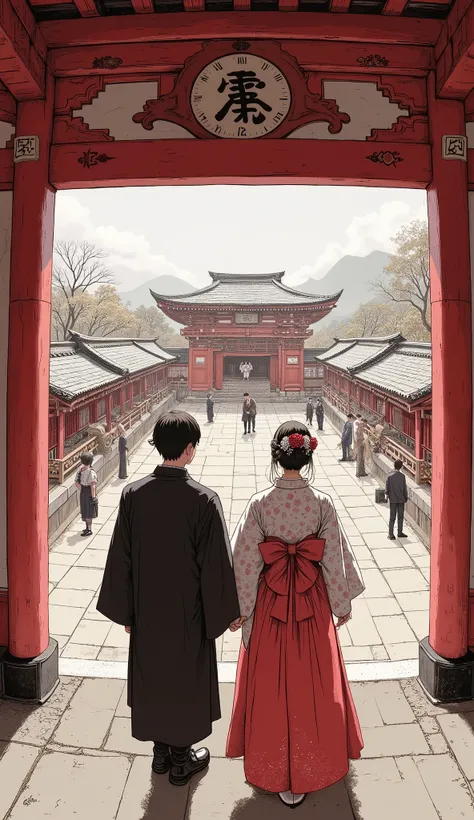  taken from above、 Fisheye 、Japanese painting、bride and groom in  traditional  japanese wedding attire standing in front of a red gate, Sengai&#39;s paintings, Tumbler, creation,  traditional  japanese,  traditional , Japanese style, Wedding Photography, H...