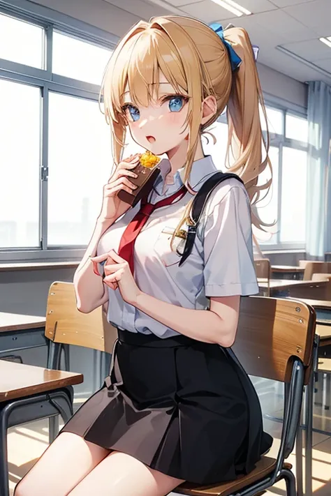  Female Students Eating in School Classroom, Gold, ponytail, chair with one hand,  looking here, open your mouth, blue eyes,Lunch Box