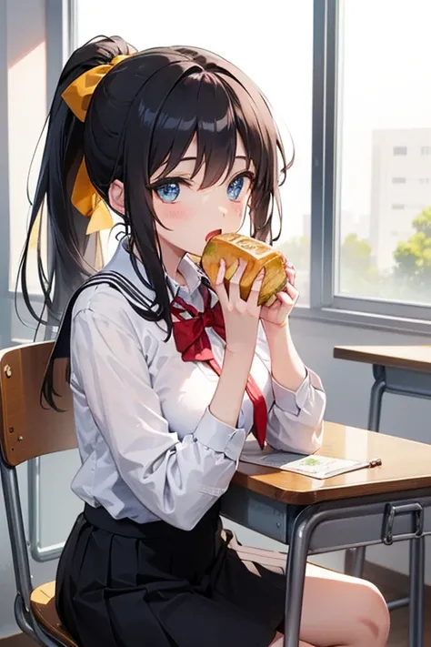  Female Students Eating in School Classroom, Gold, ponytail, chair with one hand,  looking here, open your mouth, blue eyes,Lunch Box