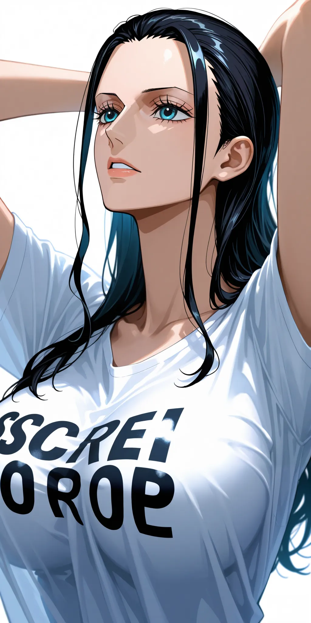 masterpiece, high score, great score, absurdres, close-up, beautiful woman, Nico Robin, one piece, black hair, long hair, hair slicked back, beautiful blue eyes, oversized t-shirt, simple background, vivid colors, volumetric lighting, soft lighting, facing...