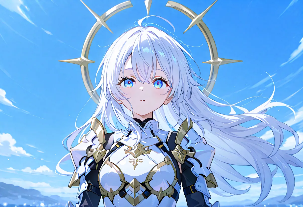  Girl with long white hair, background the sky, wearing white armor ,  knights of the zodiac, 