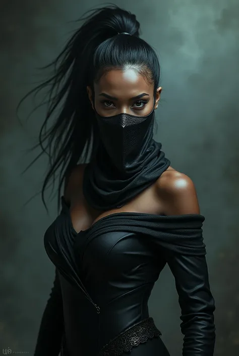 A dark-skinned woman with hair tied with a black mask