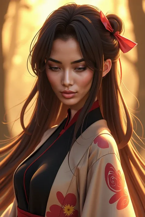 Ultra-realistic digital art of a stunning woman in a highly detailed Shinobu cosplay from Demon Slayer. She has a strikingly beautiful face with finely sculpted features, slightly almond-shaped warm brown eyes with a golden hue under sunlight, and well-def...