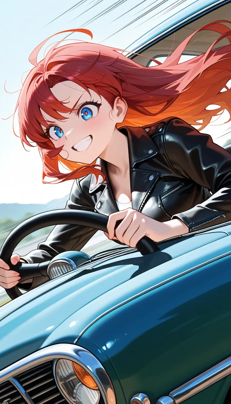 masterpiece, best quality, amazing quality, very aesthetic, newest, 1girl, smile, grin, >:D, windblown hair, fluttering hair, long hair, leather jacket, black leather jacket, holding steering wheel, driving, driving car, vintage car, vintage sports car, ac...