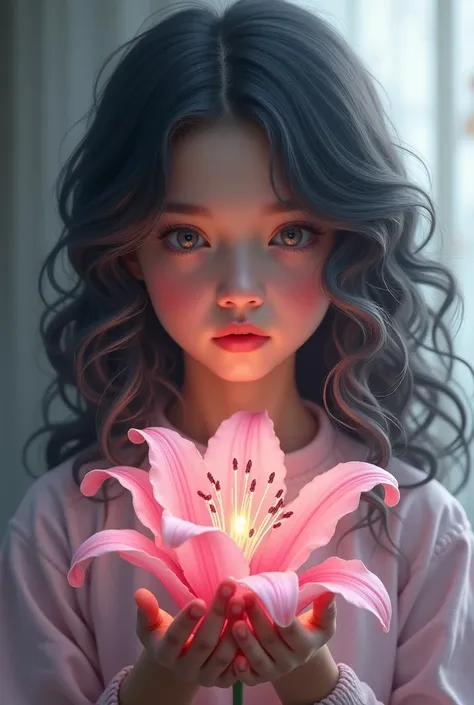 Portrait of a  girl with wavy black and white hair with a magic pink lily in her hand