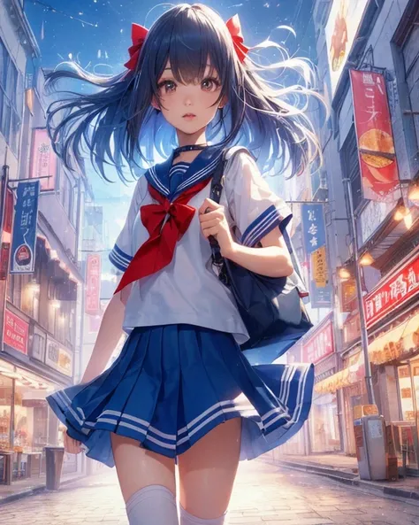 High School Girl (Age:1.2), Big Red Ribbon, (Expression:1.2), (Body Type:1.2), Dark Brown Eyes, (Sailor Uniform), (Blue Hair), Light Blue Highlights, Walking Down the Street, (Turning Around and Facing the Viewer), (Full Body), (Camera Angle:Far Away), (Ey...