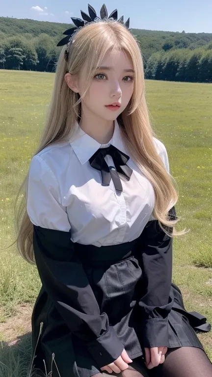   girl,  Blonde,      face detail   ,   beautiful eyes,    black shirt  ,   alone,    headdress   ,   hair clips,    long hair,   dark black check skirt,  ,  Attention audience  , lips,  In the meadow,   There's a horse next to it   ,    Full body high def...