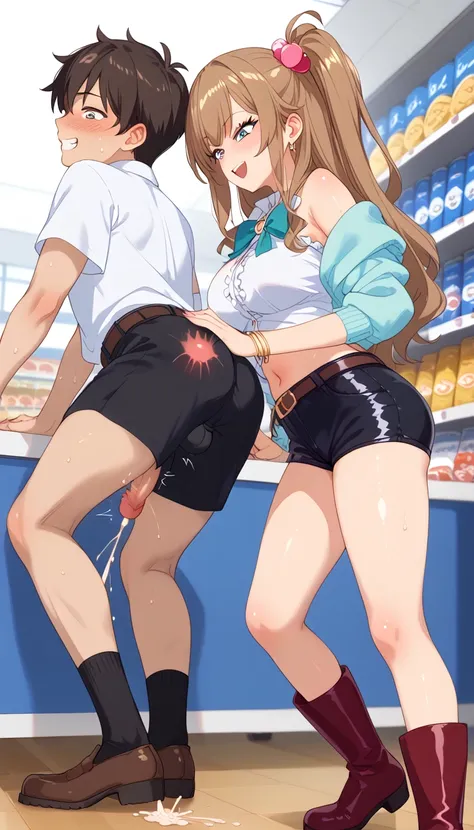 masterpiece, best quality, side view, beautiful young girl vs male opponent,  convenience storeのレジカウンターで、 convenience store、(The background shows a realistic Big Mac burger in a )、Japanese, femdom, winner is the girl, perfect body, Brown hair, very naughty...