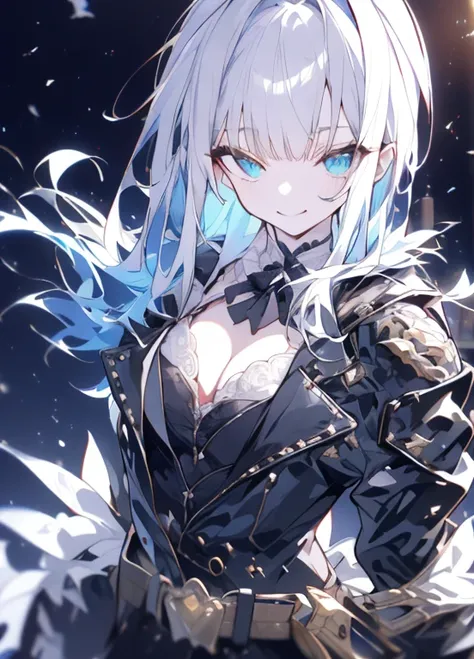 NoelKFC, , upper body, smile, ,,Outdoors,building, gray hair,(( cyberpunk, steampunk)), waste ,Jacket, down jacket, prom dress, small breasts,, cleavage,Viewer view from above,((( look into the viewer))),The back shines brightly,aura,Moody lighting,Dynamic...