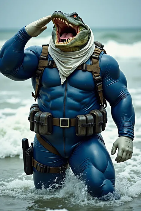 (A rugged beefy extremely muscular bulky snarling crocodile man), (wearing blue fully-zipped fullbody wetsuit), saluting, wearing bulky harness, wearing bulky scuba gear, wearing white hero scarf, muscular physique, toned muscles, fierce, heroic, action, c...