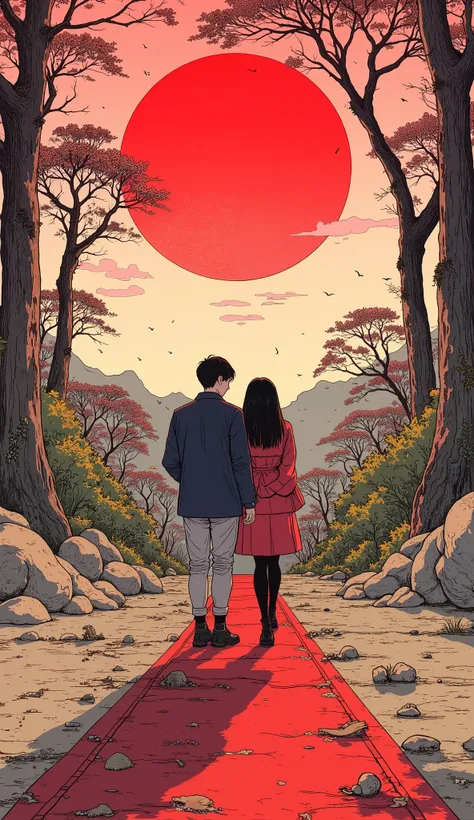  taken from below、 Fisheye 、 A cartoon of a couple standing on a red carpet with the red sun in the background, COMIC PANEL INSPIRED BY YOSHIDA HIROSHI  , Tumbler, ukiyo-e,  Ukiyo-e Style, diego rivera in ukiyo-e style, Yotobi , Woodcut by -e , vibrant tou...