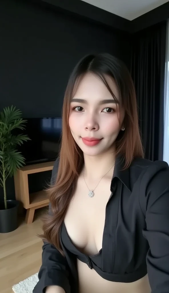 25 years old Korean woman. Masterpiece. Realistic, cinematic quality. Deep focus, smooth skin, facial details, clear focus, the light hits her skin making her stand out (natural light, afternoon light). Large, sagging breasts. She wears an unbuttoned black...