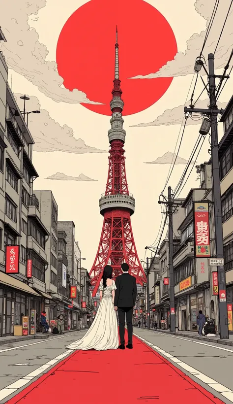  Fisheye 、 A cartoon of a couple standing on a red carpet with the red sun in the background,  Wedding Style、日本式 Wedding Styleの衣装、 Tokyo Tower 、Right in the middle of the road in Tokyo、COMIC PANEL INSPIRED BY YOSHIDA HIROSHI  , Tumbler, ukiyo-e,  Ukiyo-e S...