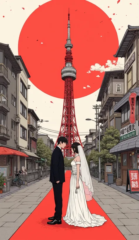  Fisheye 、 A cartoon of a couple standing on a red carpet with the red sun in the background,  Wedding Style、日本式 Wedding Styleの衣装、 Tokyo Tower 、Right in the middle of the road in Tokyo、COMIC PANEL INSPIRED BY YOSHIDA HIROSHI  , Tumbler, ukiyo-e,  Ukiyo-e S...