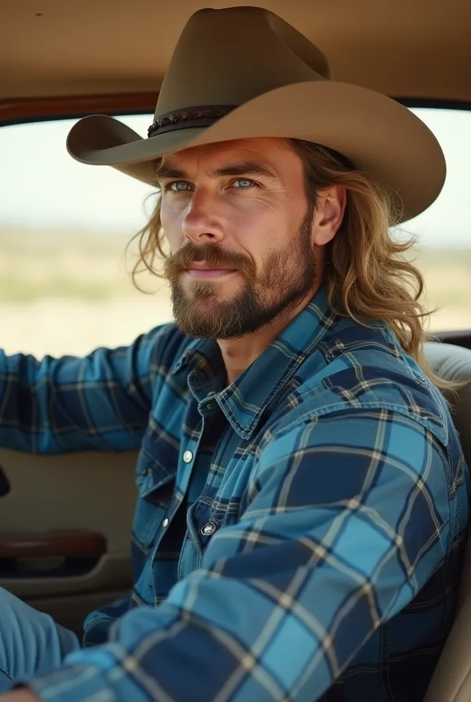 Man 35 years old, Thëëo Jamës ,  long super long curly blonde hair tied in a beautiful bun,  cowboy hat ,  short beard failed on the side ,   square face ,  fair skin ,  strong and muscular ,  dynamic pose style,  wearing a blue and black plaid shirt , lig...