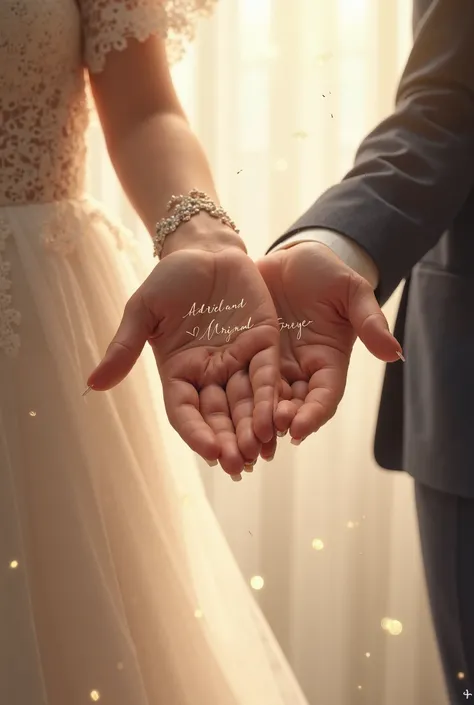  A romantic image of two hands of bride and groom and letters that say "Adriel and Miriam forever "