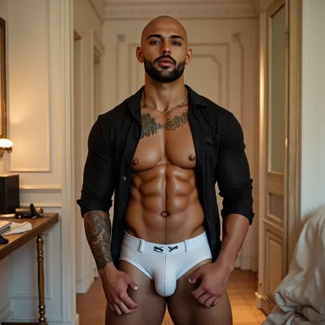 (Anttoni Lucca) Um homem de  Brown skin escura, beautiful, Brazilian ethnicity, very short shaved hair , well-groomed beard, with 1,85 meters high,  sculptural body,  beautiful body,  very detailed body, detailed light green eyes , body with beautiful defi...