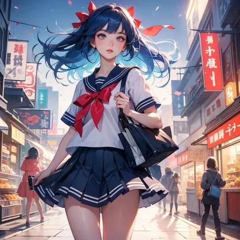 High School Girl (Age:1.2), Big Red Ribbon, (Expression:1.2), (Body Type:1.2), Dark Brown Eyes, (Sailor Uniform), ((Blue Hair)), Light Blue Highlights, Walking Down the Street, (Turning Around and Facing the Viewer), (Full Body), (Camera Angle:Far Away), (...