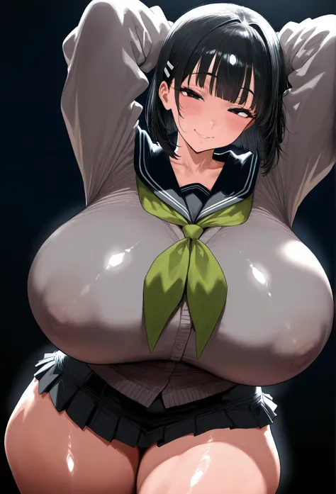 portrait, nsfw, cute girl, jelosugusu, black hair, black eyes, hairclip, black sailor collar, green neckerchief, oversized clothes, grey cardigan, black skirt, miniskirt, black background, flawless smooth skin, oily skin, looking at viewer, seductive smile...