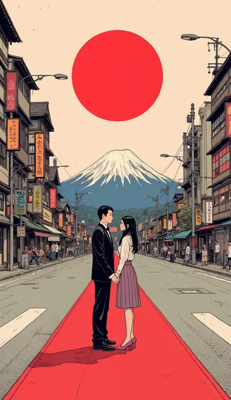  Fisheye 、cartoon of a couple standing on a red carpet against a red sun background,  Wedding Style、日本式 Wedding Styleの衣装、 Mount Fuji、Right in the middle of the road in Tokyo、COMIC PANEL INSPIRED BY YOSHIDA HIROSHI  , Tumbler, ukiyo-e,  Ukiyo-e Style, diego...