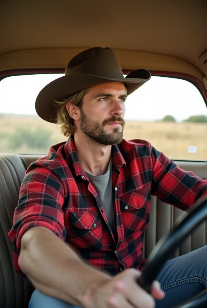 Man 30 years old, curly blonde hair tied in a beautiful bun,  cowboy hat ,  short beard failed on the side ,   square face ,  fair skin ,  strong and muscular ,  dynamic pose style,  wearing a red and black plaid shirt , light jeans , com cinto de cowboy, ...