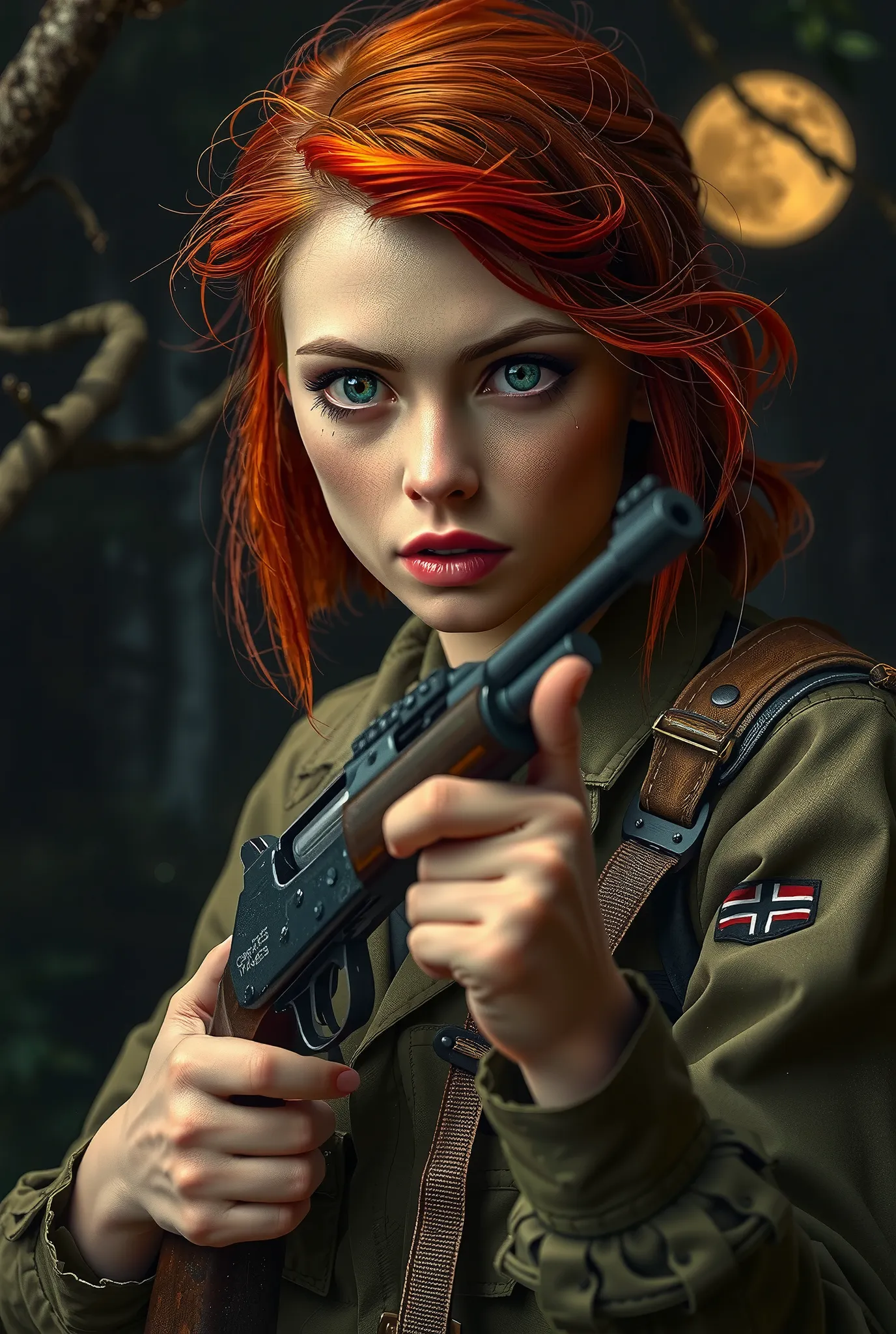 a beautiful German woman in a dirty and tear hiking outfit uniform,red color hair, sexy, holding a rifle in a fear primeval forest at night, close-up, (best quality,4k,8k,highres,masterpiece:1.2),ultra-detailed,(realistic,photorealistic,photo-realistic:1.3...