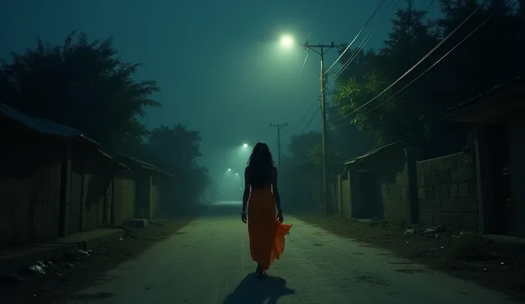 "Here’s a detailed prompt for your horror story scene:

*"A 26-year-old beautiful Indian woman walks alone through a desolate village road on the outskirts of Mumbai in the dead of night, sometime in the 1980s. She wears a traditional orange saree, its fab...