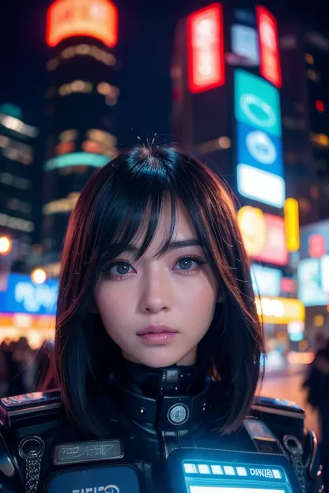 A beautiful female Japanese police officer at night in a futuristic metropolis, extremely detailed face, beautiful detailed eyes, beautiful detailed lips, long eyelashes, intricate futuristic cyberpunk city, neon lights, glowing holographic displays, sci-f...