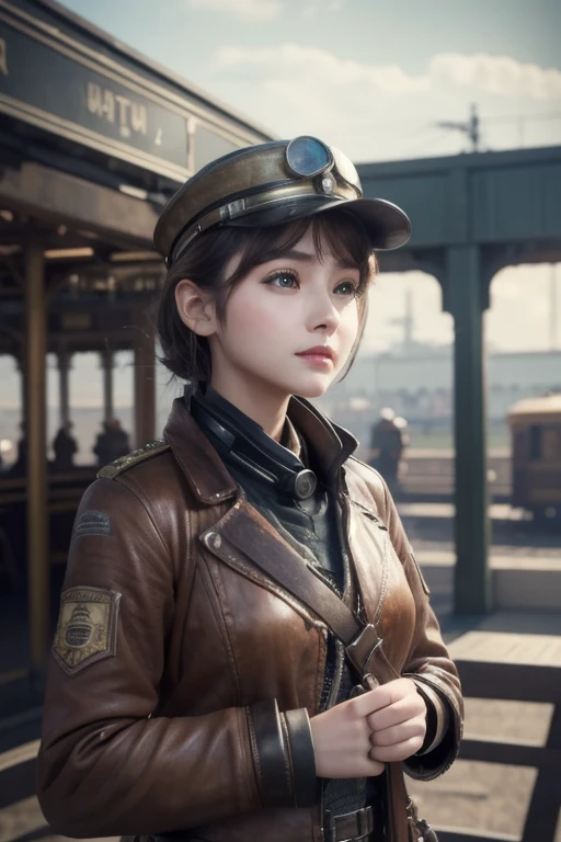  1 girl,   Pilot Cap  ,   faceup、Alone,    steam punk, station,  ,  steam,, Masterpiece,   very detailed on trends , high resolution, 8k resolution,  best quality ,