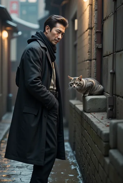  score_9, score_8_up, score_7_up, score_6_up, score_5_up, score_4_up, source_Actual photo,  super real,  Photorealistic,  super real,  Photorealistic,  dramatic scene,  GLOBAL ILLUMINATION,   a stray cat is on a block wall looking at a man  .   the man is ...