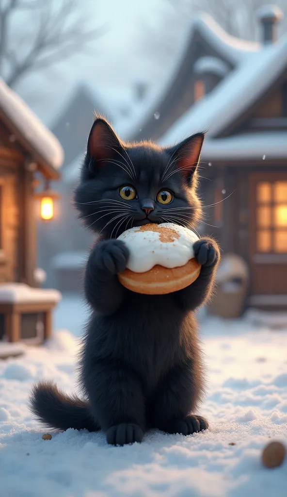 Black kitten standing holding a white bun with both hands　 winter hot spring town 　Natural Goods House　 realistic pictures