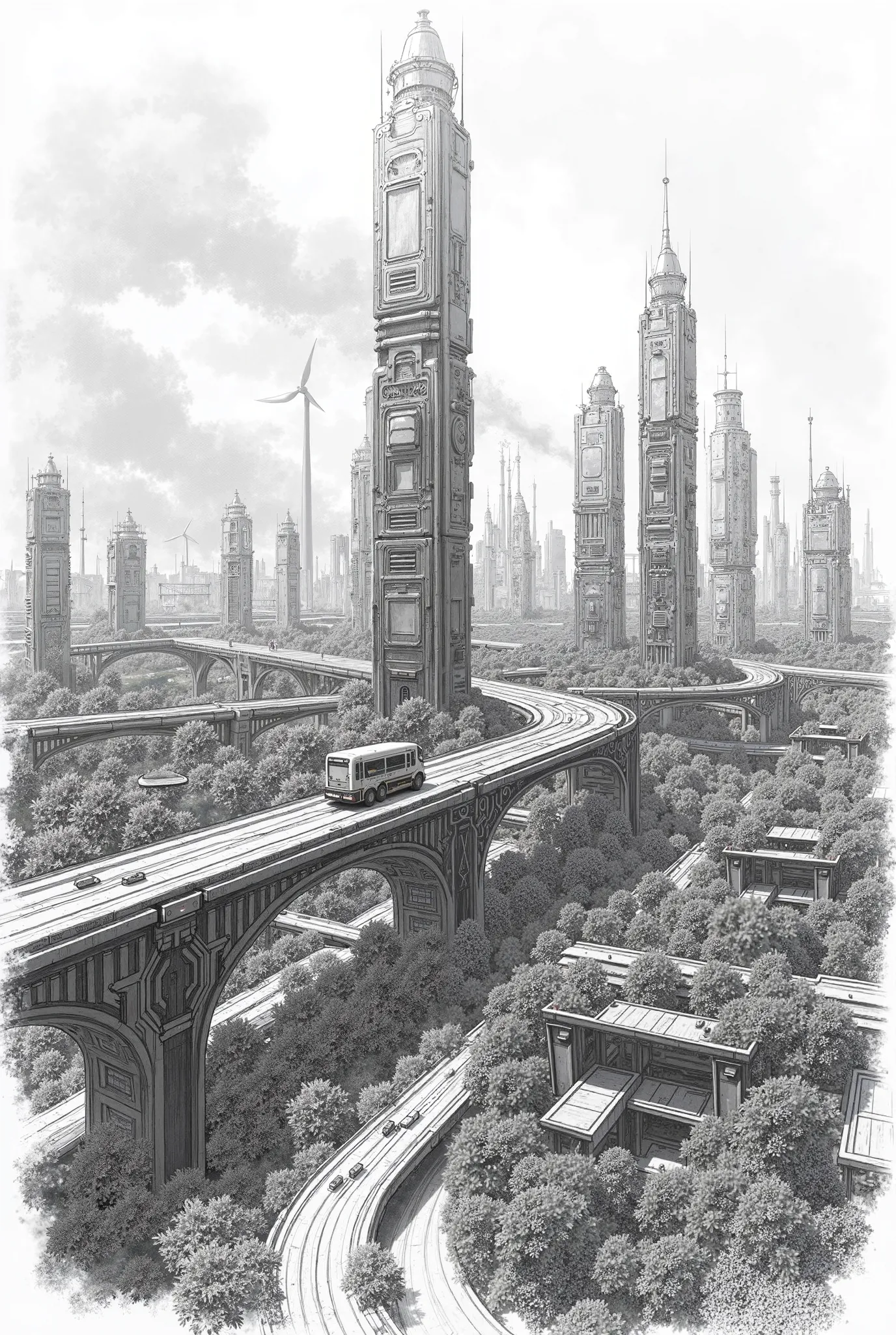 Ecopunk city, pencil sketch