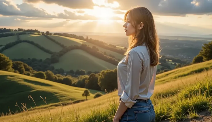  countrysideの木造アーバーの下で休んでいる女性、  Peaceful Atmosphere  、warm sunshine、 beautiful scenery 、 Comfortable posture , silk blouse 、 jeans, side view、Hillside 、fluffy clouds、  golden hour lighting 、  calm color palette  、  Soft Focus  、  realistic、8k、  High defini...