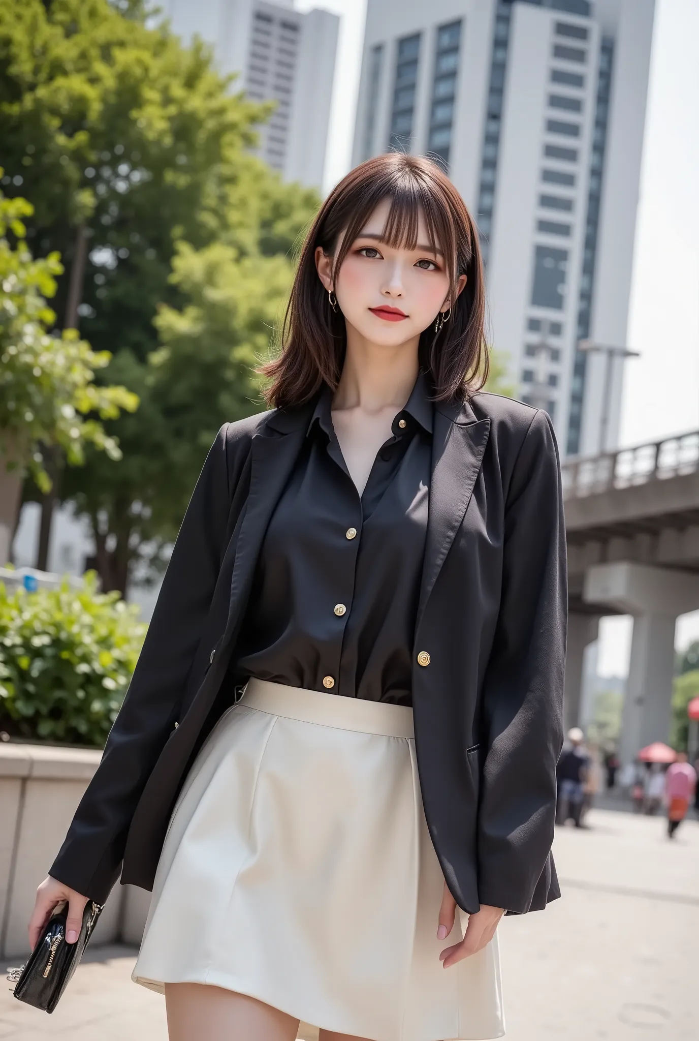 An elegant career woman in a mid-range shot, slightly tilted angle, walking gracefully while wearing a black blazer over a black button-up shirt, paired with an ivory flared skirt and white loafers. She carries a black clutch bag with gold hardware, access...