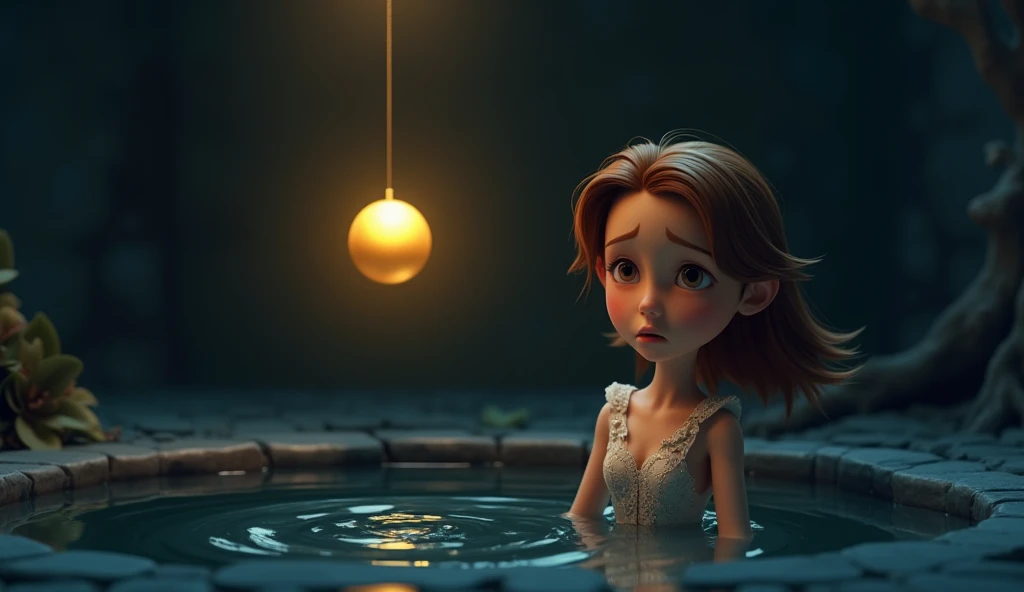 4️⃣ The golden ball falls into the dark well, sinking into the water as ripples spread. The lovely princess in elegant dress looks sad and worried.(In cinematic 3D cartoon style) 