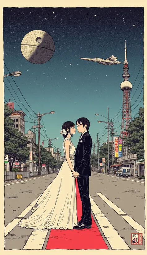  Fisheye 、 cartoon of a couple standing on a red carpet with the Death Star in the background,  Wedding Style、ジェダイ式 Wedding Styleの衣装、 Star Destroyer、X-Wing、 Tokyo Tower 、Right in the middle of the road in Tokyo、COMIC PANEL INSPIRED BY YOSHIDA HIROSHI  , Tu...