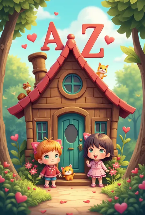 Love shack with big initials A and Z with 2 cute chibi with a cat 