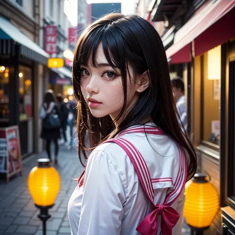  cute high school girl with strawberry pattern (age:1.2)、 big red ribbon、(( Lantern))、ダークブラウンのeye、( cute pink sailor suit )、Light blue highlights、 walking down the street 、( looking back and facing the viewer)、(whole body)、( camera angle :far away)、(eye:1....