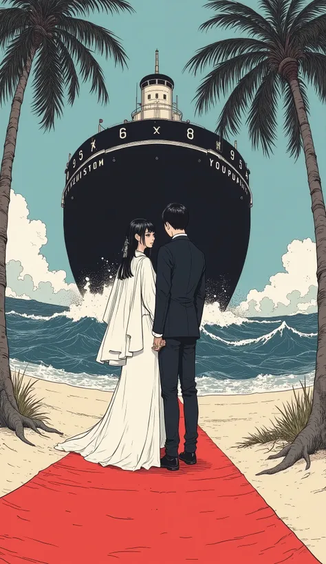  Fisheye 、 A cartoon of a couple standing on a red carpet with a giant black ship in the background,  Wedding Style、江戸時代の Wedding Styleの衣装、coastal、 sandy beaches、pine tree、Wave、COMIC PANEL INSPIRED BY YOSHIDA HIROSHI  , Tumbler, ukiyo-e,  Ukiyo-e Style, di...