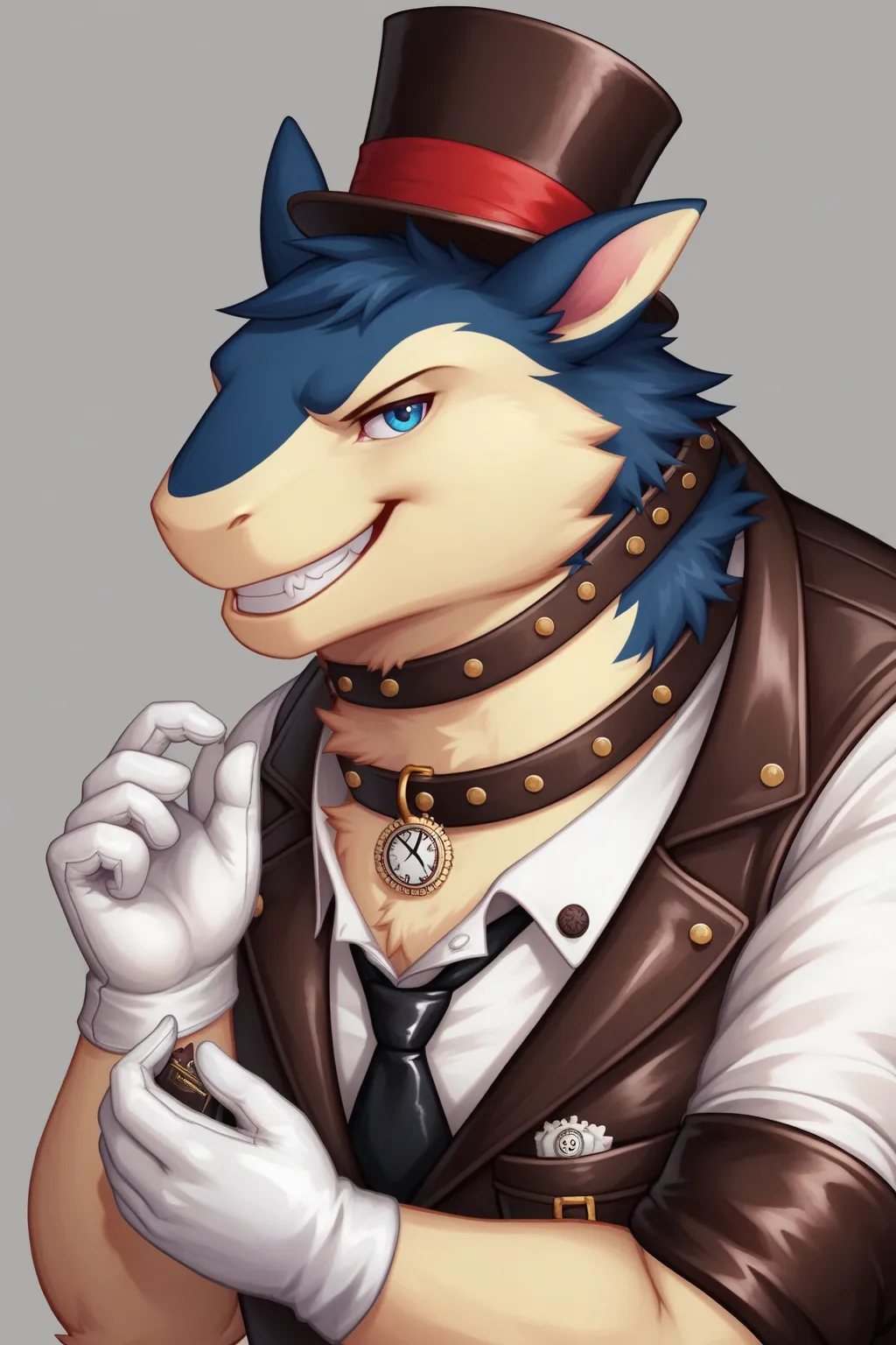 Solo, Male, close up, fat, musclegut, obese, steampunk, gentleman, dapper Typhlosion, blue eyes, wearing a big leather collar around his neck, (Leather Collar:1.3), (artist:Takemoto Arashi), (soft shading), 4k, hi res, ((detailed face, detailed)), looking ...