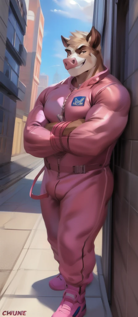   alone  , Male​ tall​., huge body,​standing, street ,  pig cow , heavy  เกินพิกัด,   muscle bound , pink Military Spacesuit,Smirking evil , by chunie  