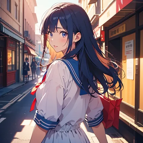  cute high school girl with strawberry pattern (age:1.2)、 big red ribbon、Blue Hair、 Lantern、ダークブラウンのeye、( cute sailor suit)、Light blue highlights、 walking down the street 、( looking back and facing the viewer)、(whole body)、( camera angle :far away)、(eye:1....