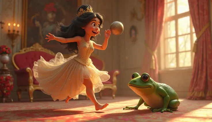  The lovely princess is in elegant dress, happily takes the ball and runs back to the palace, leaving the frog behind. The frog looks sad and disappointed.(In cinematic 3D cartoon style) 