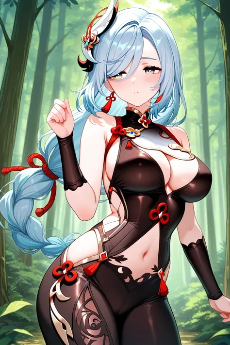 Shenhe of Genshin Impact poses sexy against background in forest