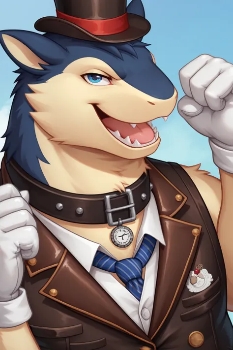 Solo, Male, close up, fat, musclegut, obese, steampunk, gentleman, dapper Typhlosion, blue eyes, wearing a big leather collar around his neck, (Leather Collar:1.3), (artist:Takemoto Arashi), (soft shading), 4k, hi res, ((detailed face, detailed)), looking ...