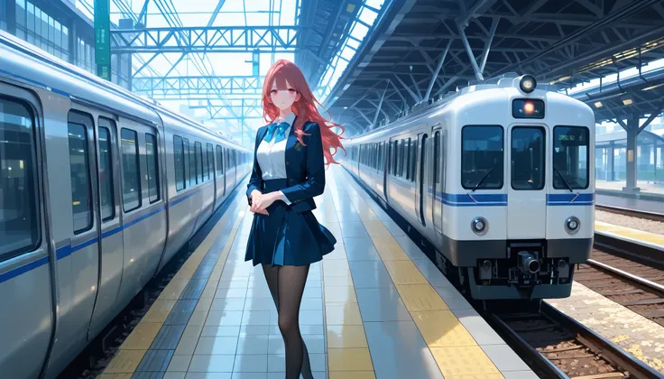 A gorgeous woman is standing at a train station, high quality, 4k