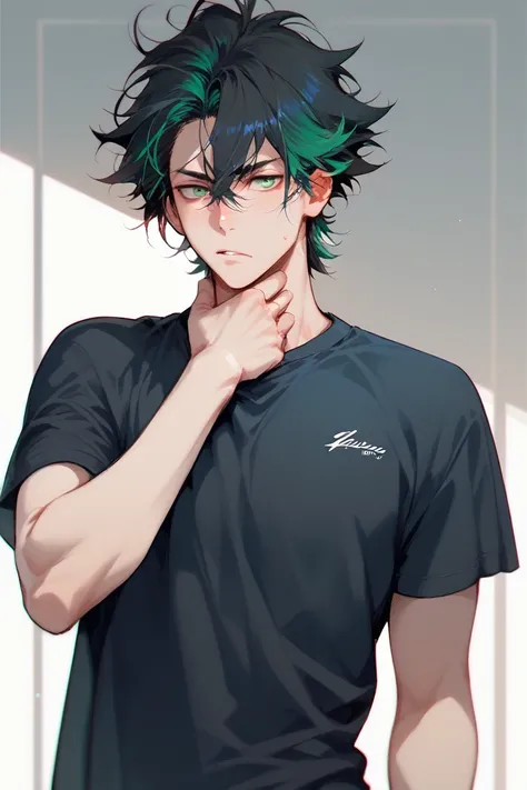 Black-haired man with green locks ,  messy hair ,  green eyes,  athletic body, strong, high neck t-shirt. Cynical expression.