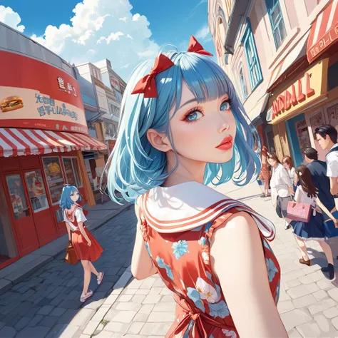  cute high school girl with strawberry pattern (age:1.2)、 big red ribbon、 light blue hair、sky blue hair 、ダークブラウンのeye、( cute sailor suit)、Light blue highlights、 walking down the street 、( looking back and facing the viewer)、(whole body)、( camera angle :far ...