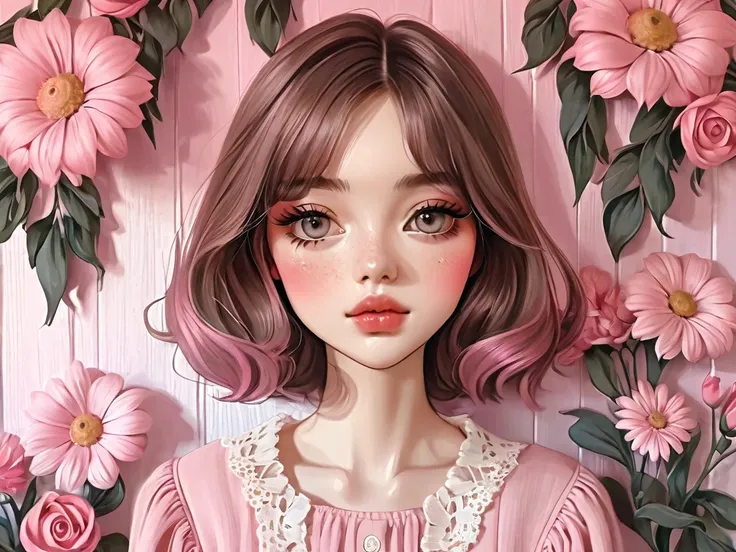 feminine woman, flowers, pink, cottage core aesthetic, semi realistic art style 