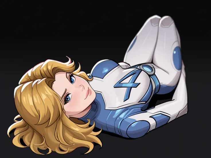 suest0rm, 1girl, susan storm, fantastic four, long blonde hair, blue eyes, breats, best quality, masterpiece, solid black background, Bunny suit